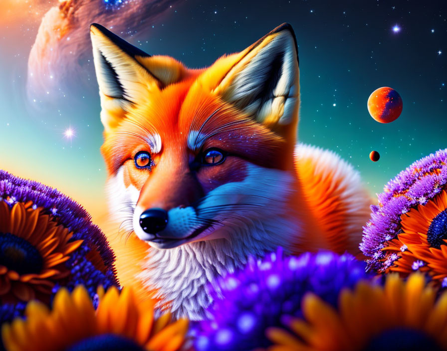 Colorful Fox Illustration Among Purple and Orange Flowers on Cosmic Background