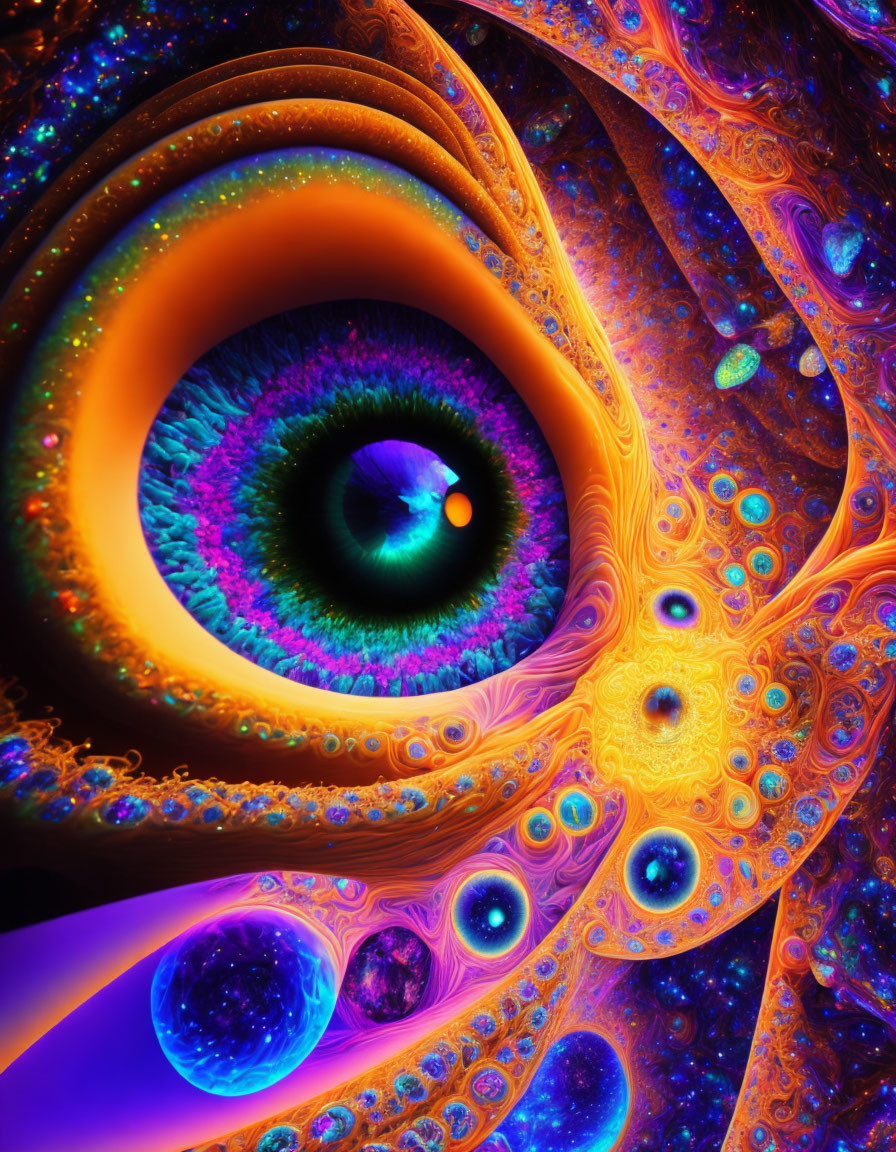 Colorful fractal art: Eye-like design in neon orange, purples, and blues