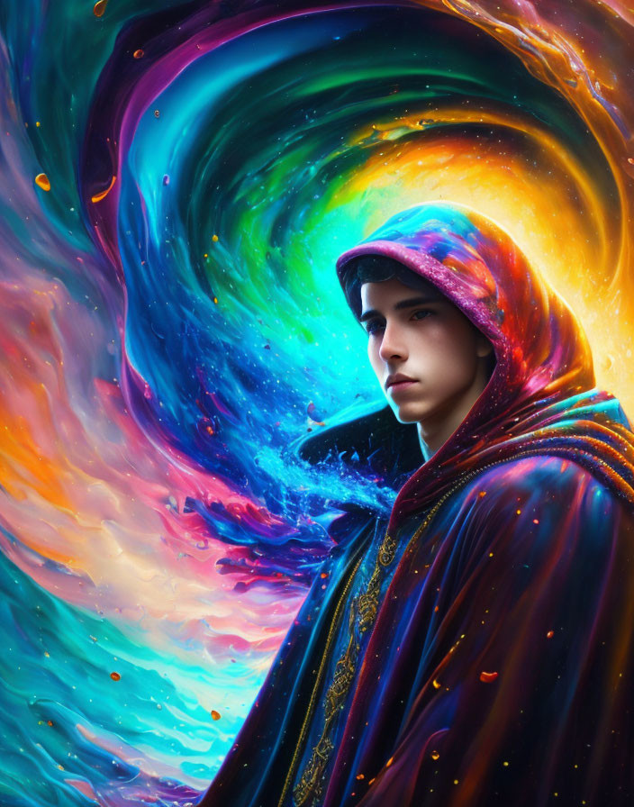 Vibrant cosmic-colored hooded cloak against swirling iridescent galaxy backdrop