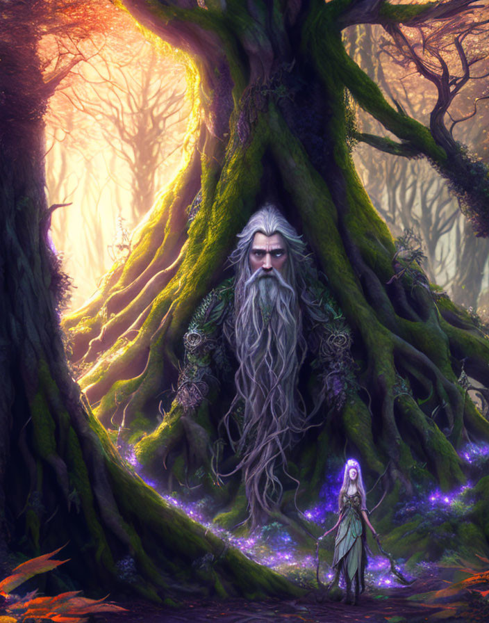 Ethereal forest scene with towering tree and mystical woman among glowing purple flora