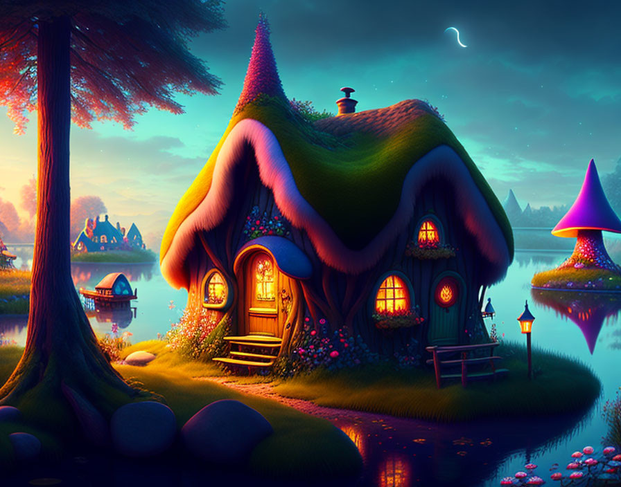 Colorful Mushroom-Shaped Roof Fantasy Cottage by Lake at Twilight