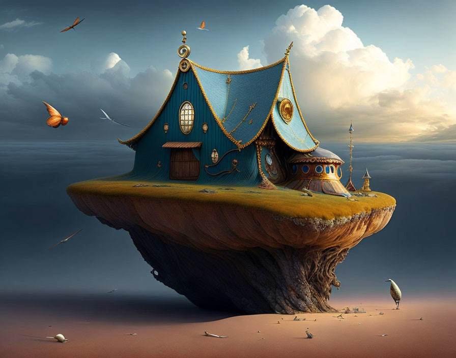 Floating Island with Whimsical House, Tree, and Birds in Cloudy Sky