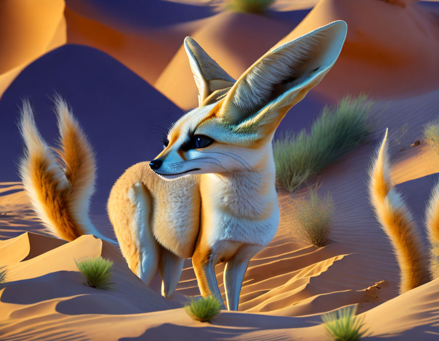 Digitally rendered fennec fox in desert scene at golden hour