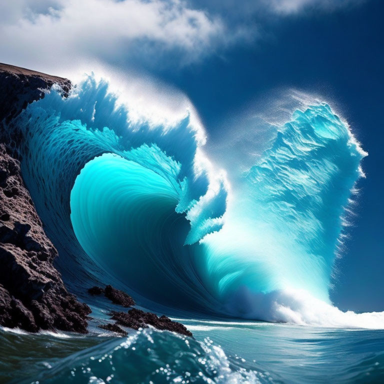 Ocean wave curling into a tube against dark cliffs in shades of blue