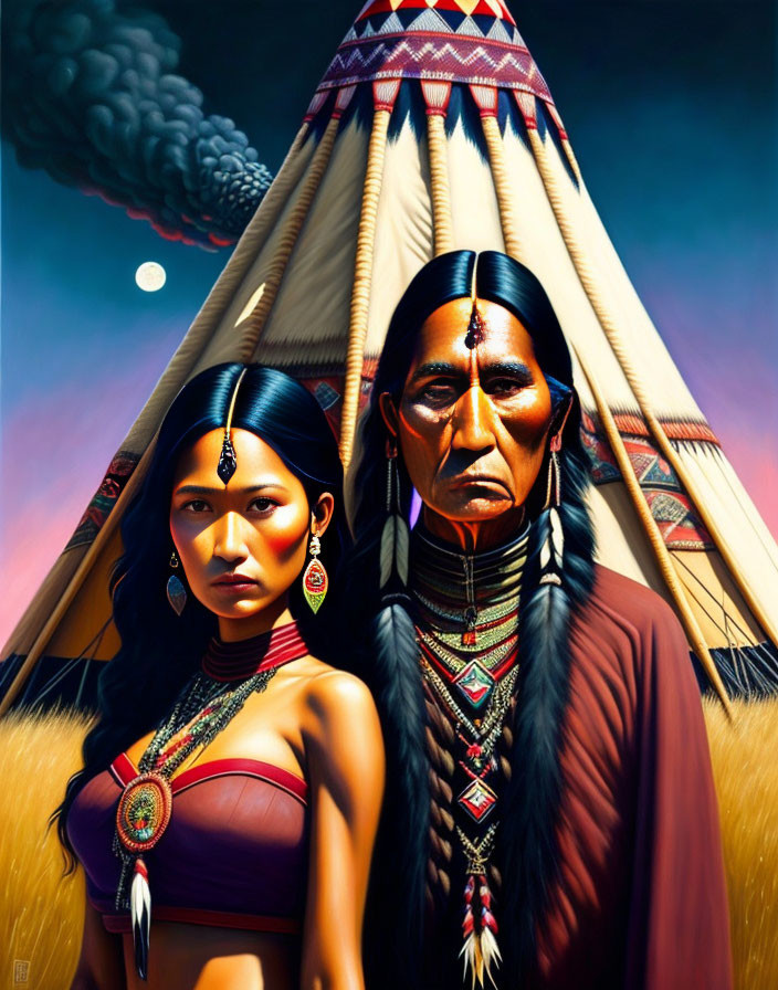 Native American man and woman in traditional attire by teepee with smoke plume under blue sky