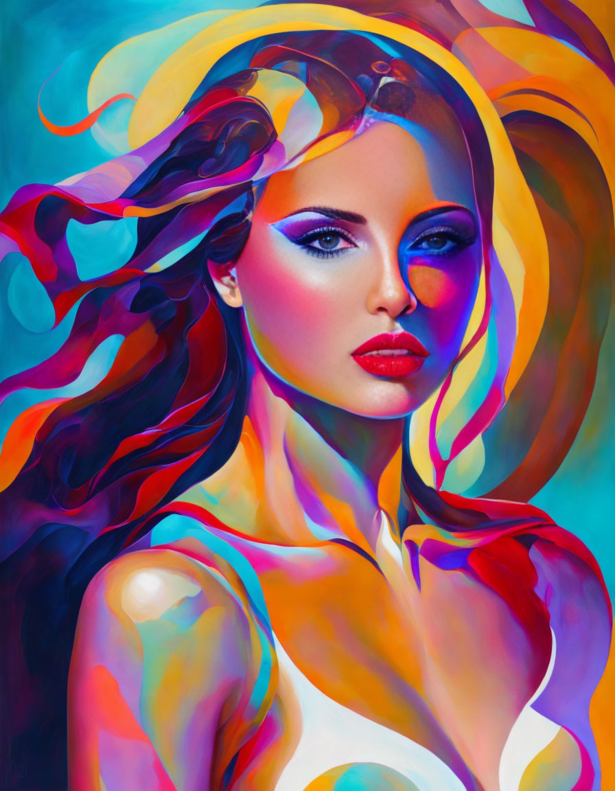 Colorful portrait of a woman with flowing hair and bold makeup