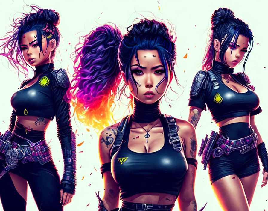 Stylized female characters with tattoos and cyberpunk outfits, one with purple flaming hair