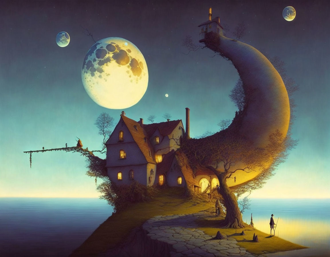 Whimsical painting of house on crescent moon with person, moons, and calm sea.