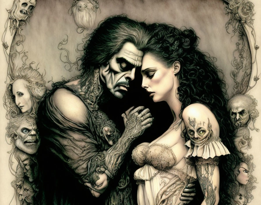 Gothic illustration of somber couple embraced by eerie figures