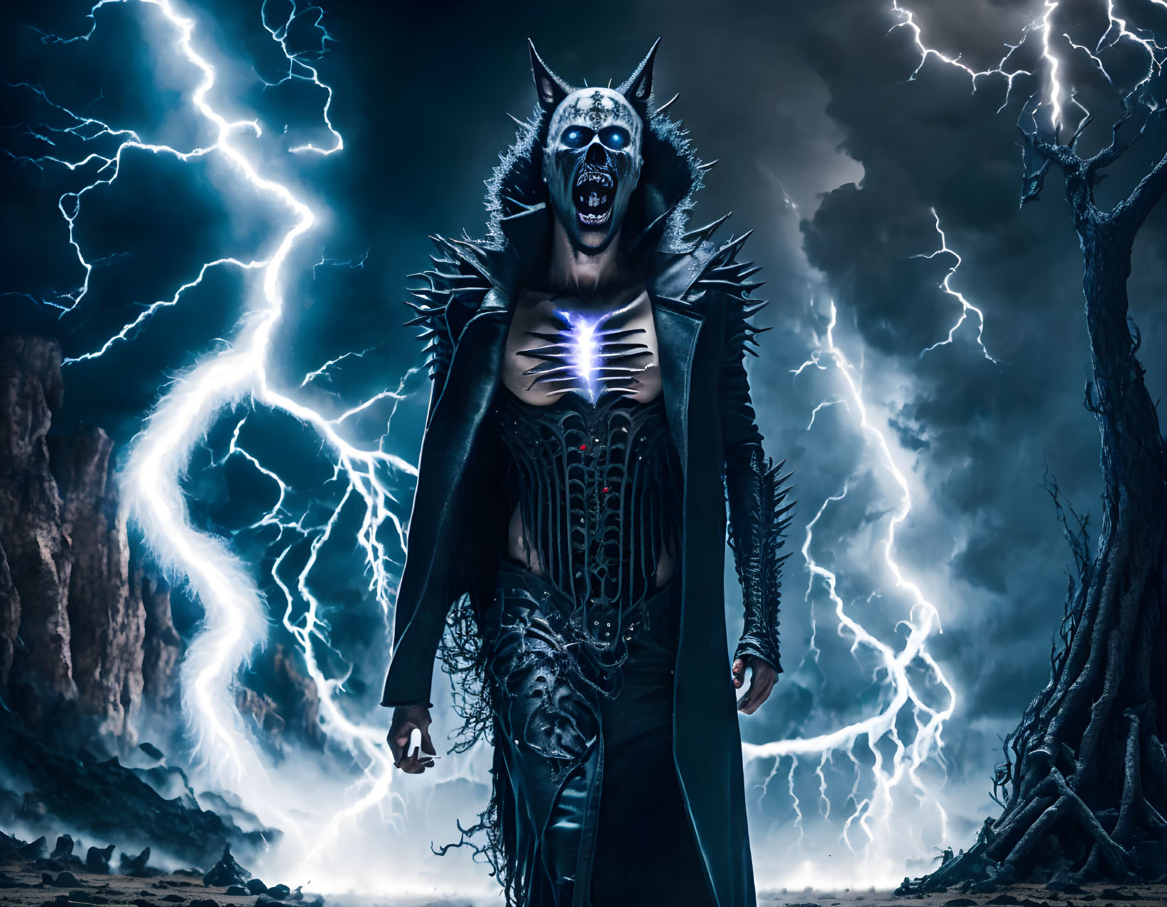 Dark fantasy armor figure under stormy sky with lightning bolts