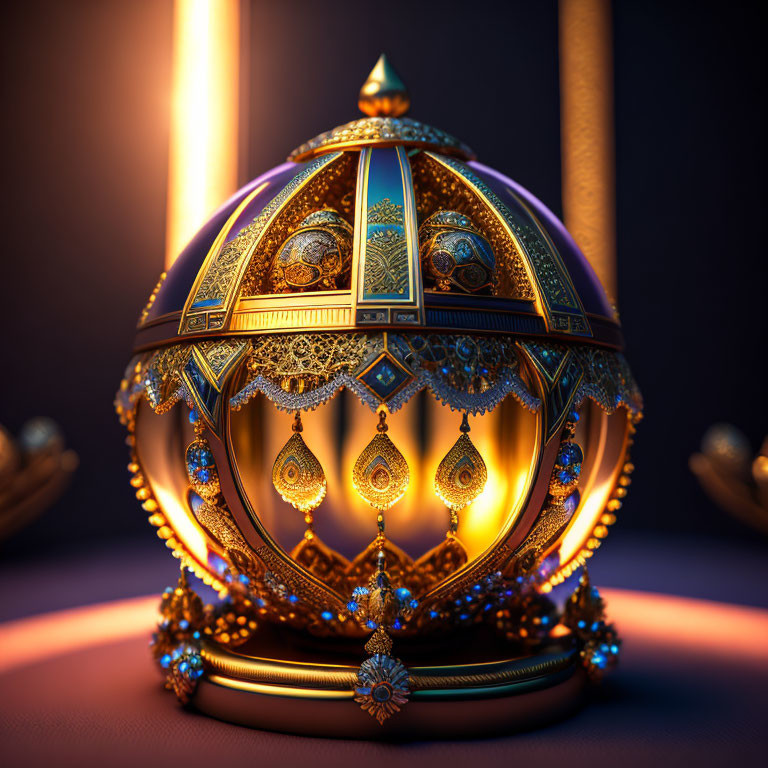 Golden sphere with blue gem studding on dark background.