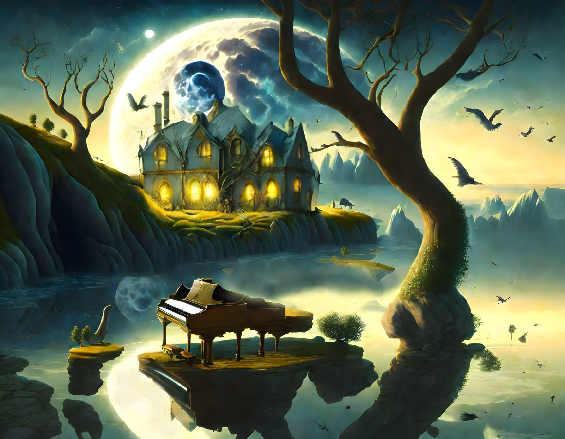 Moonlit scene: grand piano on islet with illuminated manor and flying birds