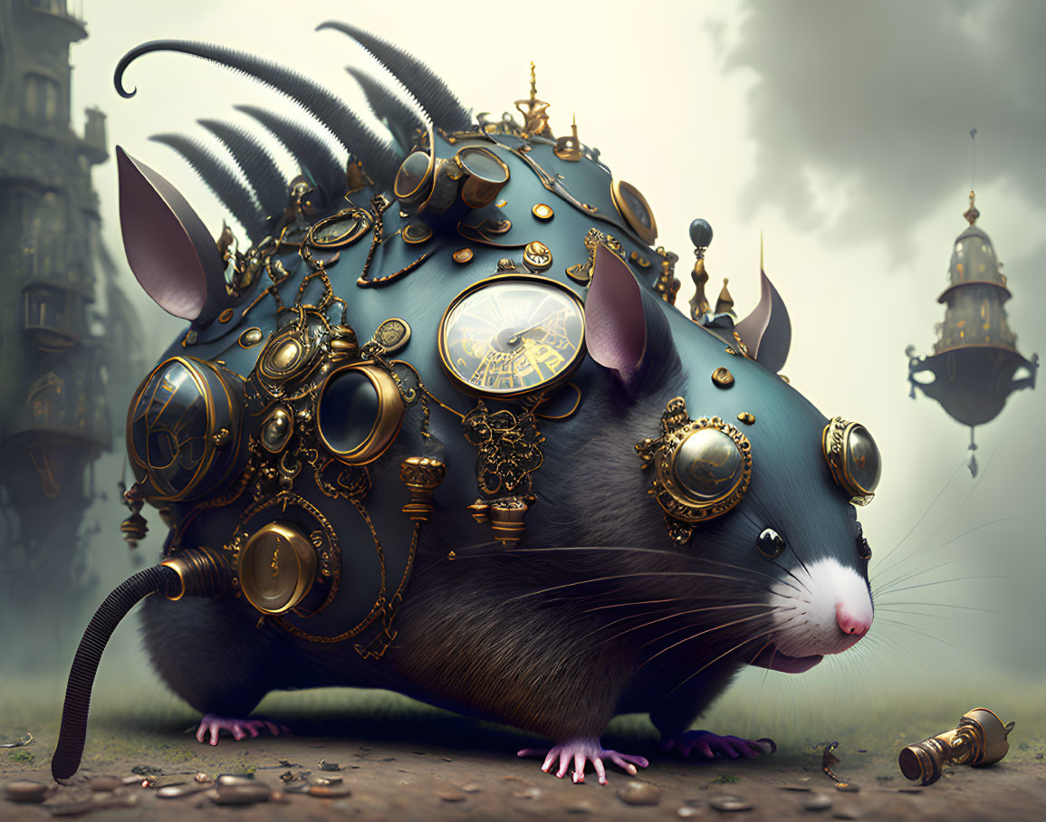 Steampunk rat with brass gears and clock in whimsical foggy setting