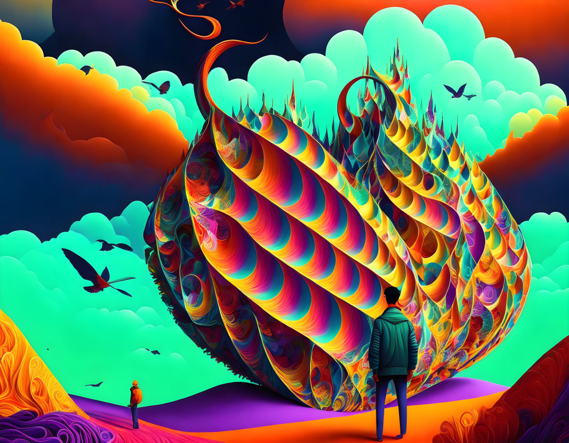 Colorful surreal landscape with leaf-like structure and stylized clouds