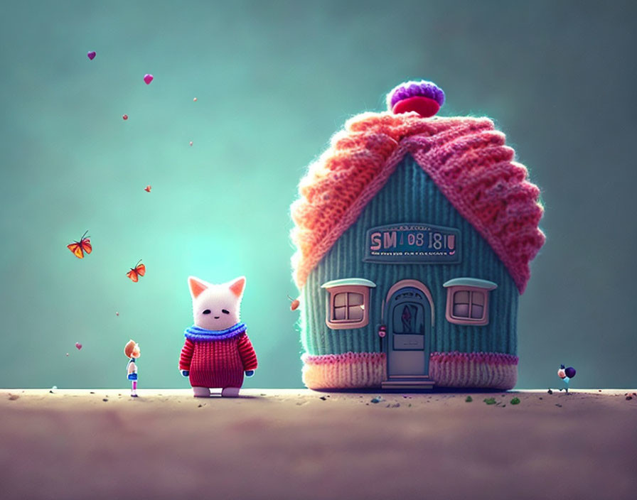 Whimsical white cat in red sweater outside cozy house with giant pink knitted hat, surrounded by