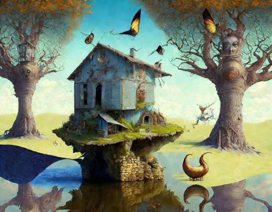 Surreal landscape with anthropomorphic trees, floating island, dilapidated house, butterflies, bird