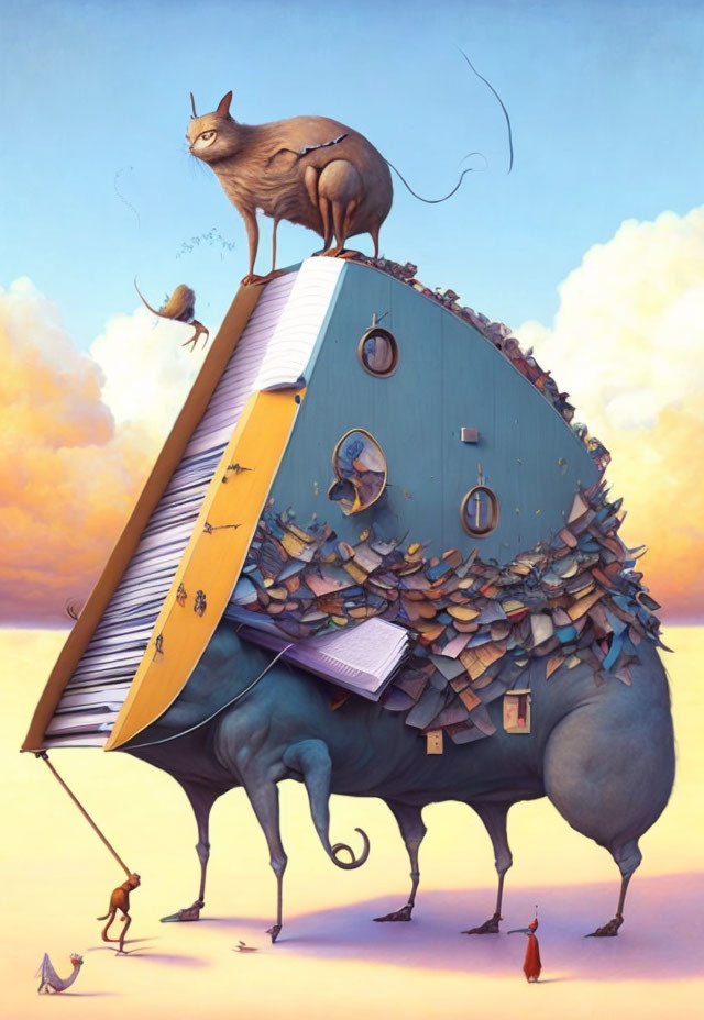 Surreal artwork featuring giant elephant with bookshelf body, piano legs, cat on top, surrounded