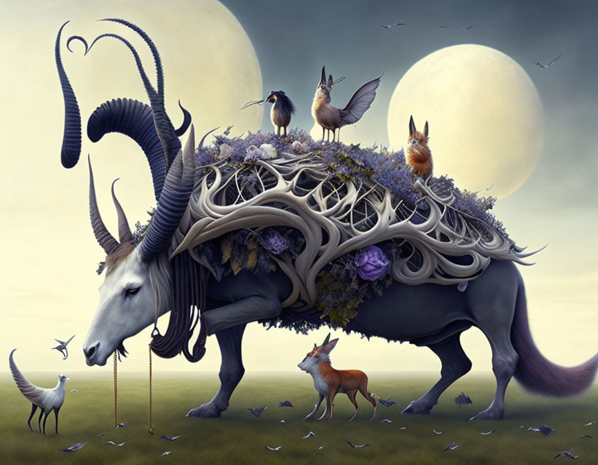 Mythical creature with ram horns and woodland animals under a dual-moon sky