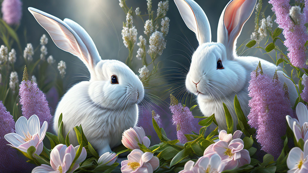 White rabbits in purple and white flower garden under soft sunlight