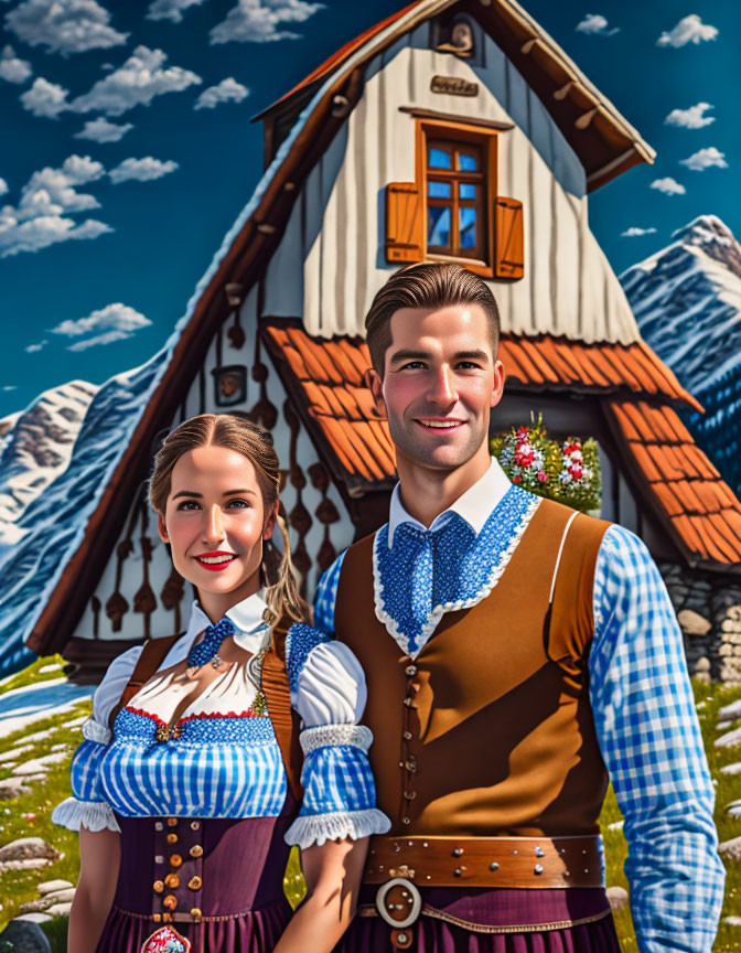 Traditional Bavarian couple in front of alpine house with mountains