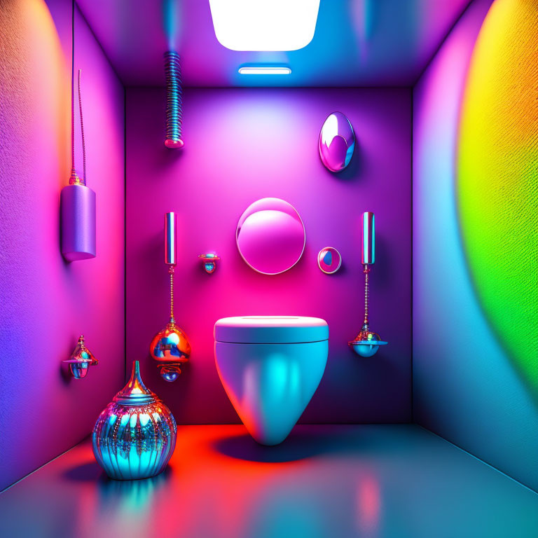 Colorful Neon-Lit Bathroom with Futuristic Fixtures