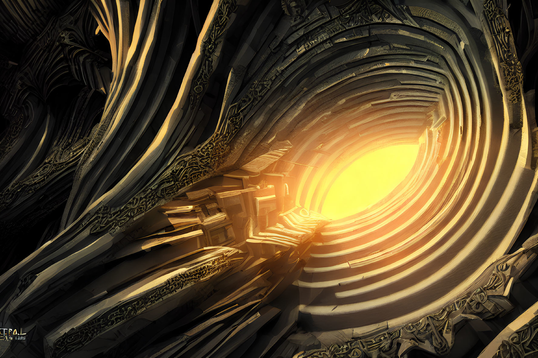 Abstract sci-fi tunnel with intricate patterns and bright yellow light