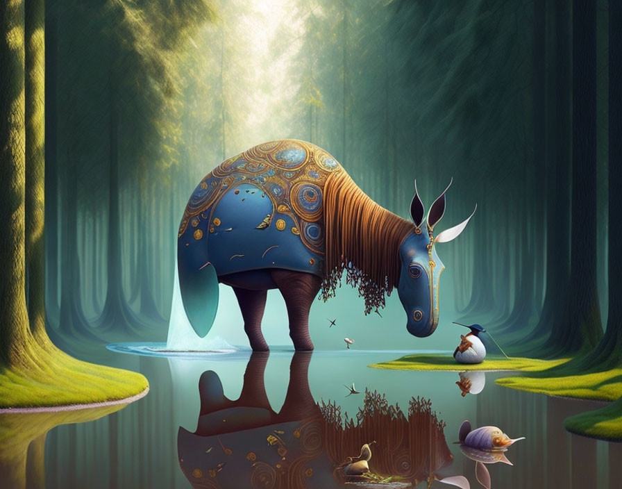 Stylized ornate blue elephant-like creature in magical forest