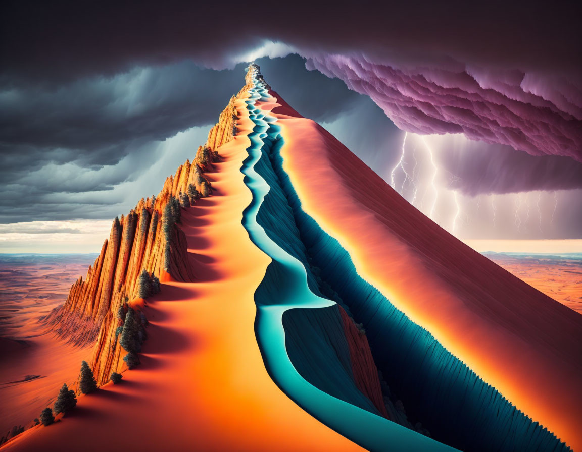 Surreal landscape: snaking river, orange sand dunes, dramatic purple sky