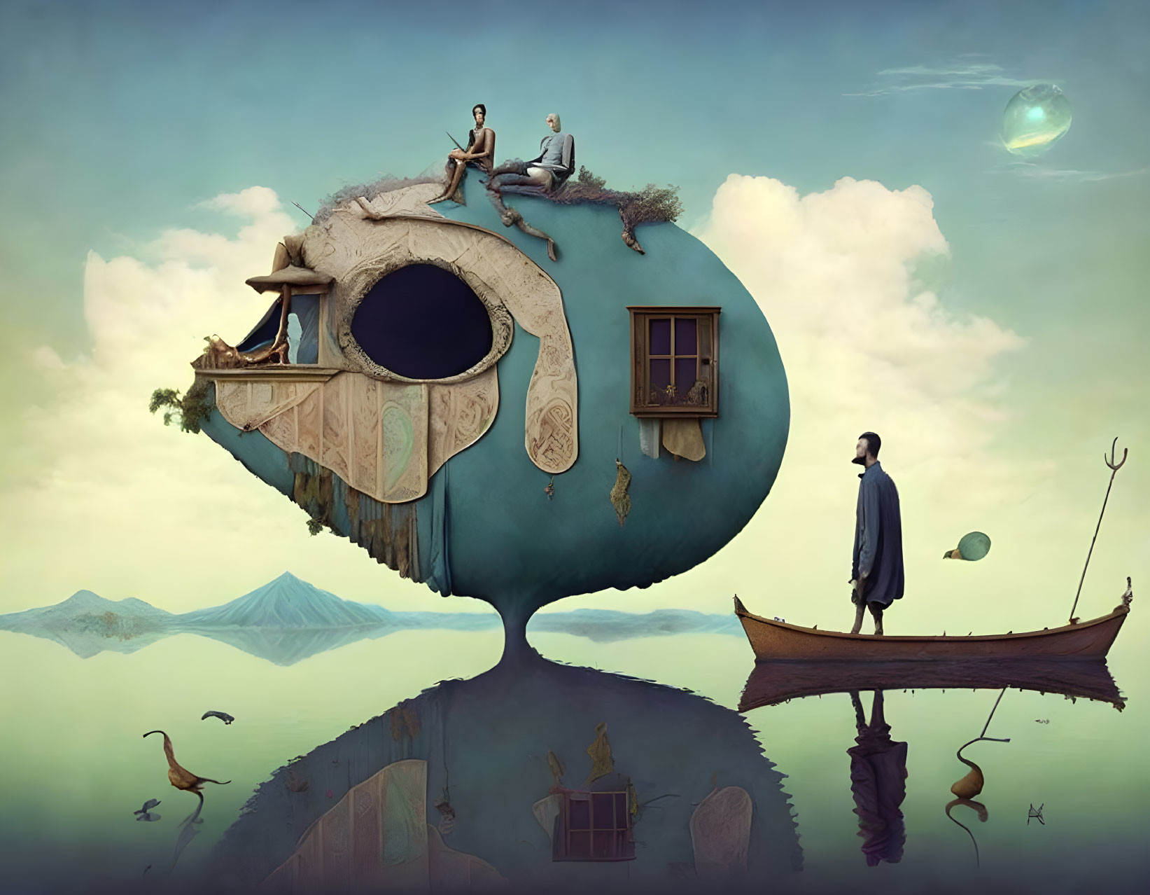 Surreal artwork: Floating island, house, boat, whimsical elements