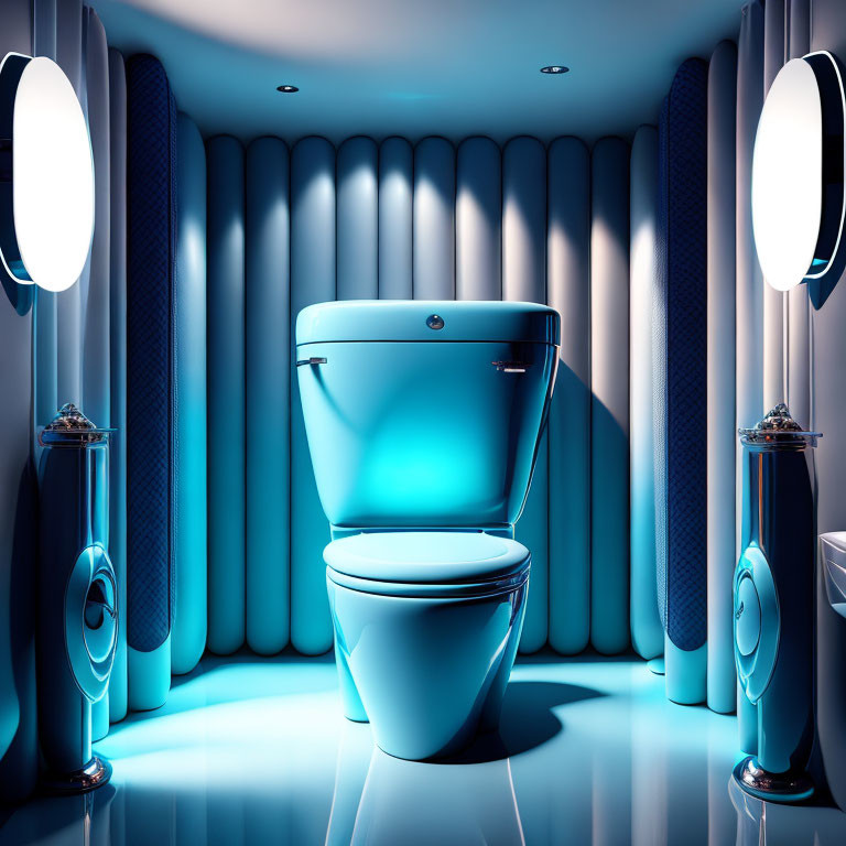 Futuristic Blue-Lined Toilet Design with Soft Blue Lights