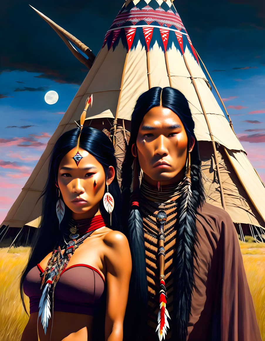 Native American man and woman in traditional attire by tepee under moonlit sky