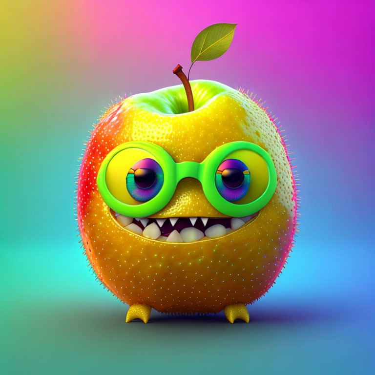 Colorful anthropomorphic apple with green eyes, glasses, and toothy grin on gradient backdrop