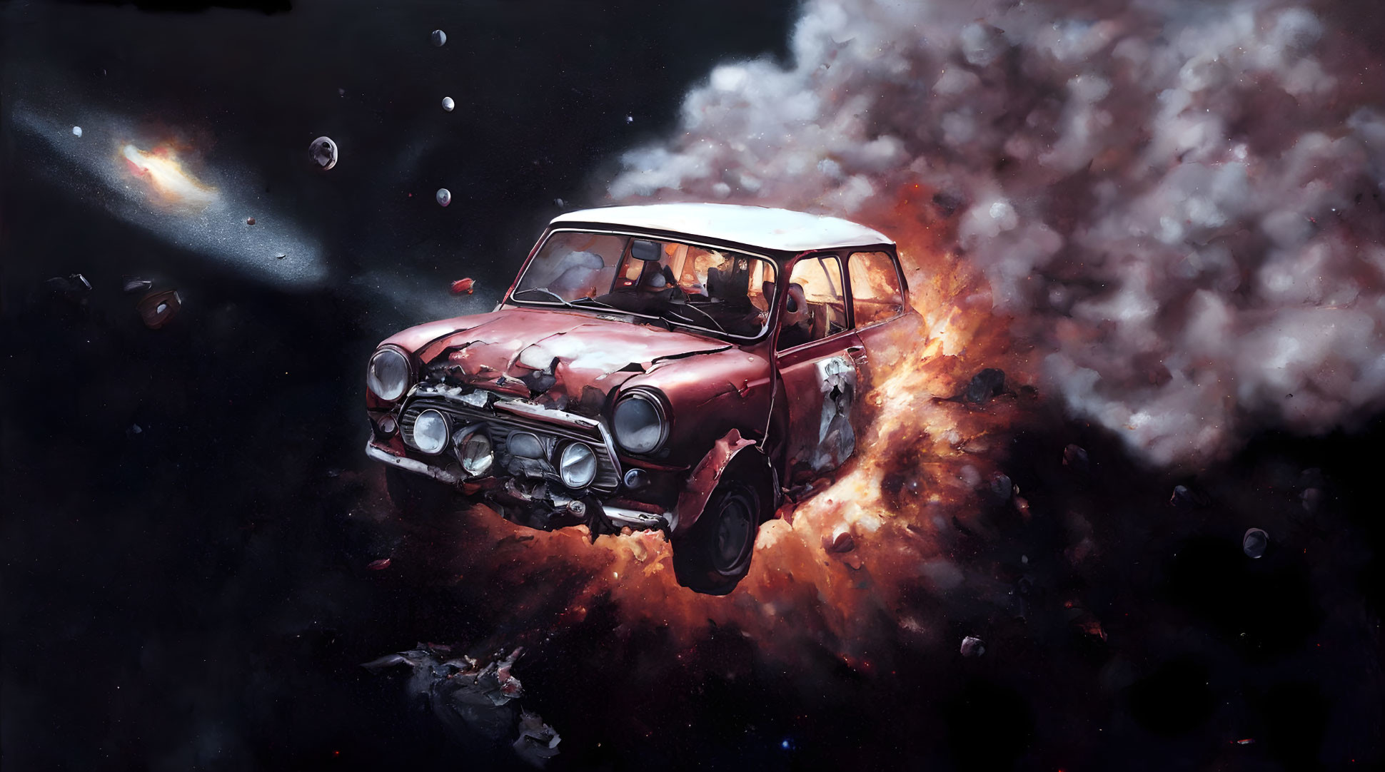 Flaming Vintage Car in Dark Space