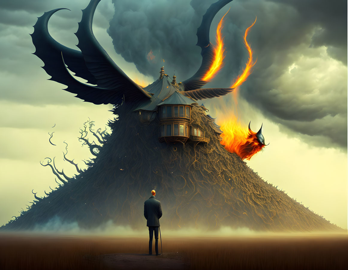 Fantastical burning structure with dragon-like wings in dramatic sky