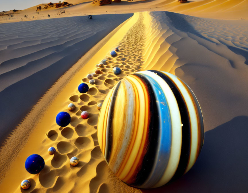 Rippled sand dunes with cosmic-themed spheres trail