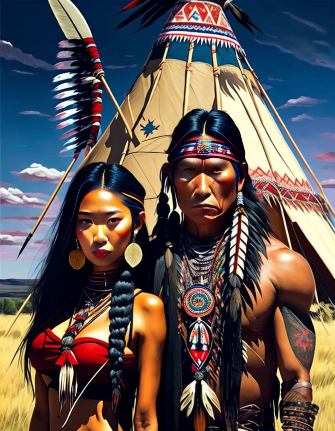 Native American man and woman in traditional attire by tipi under blue sky