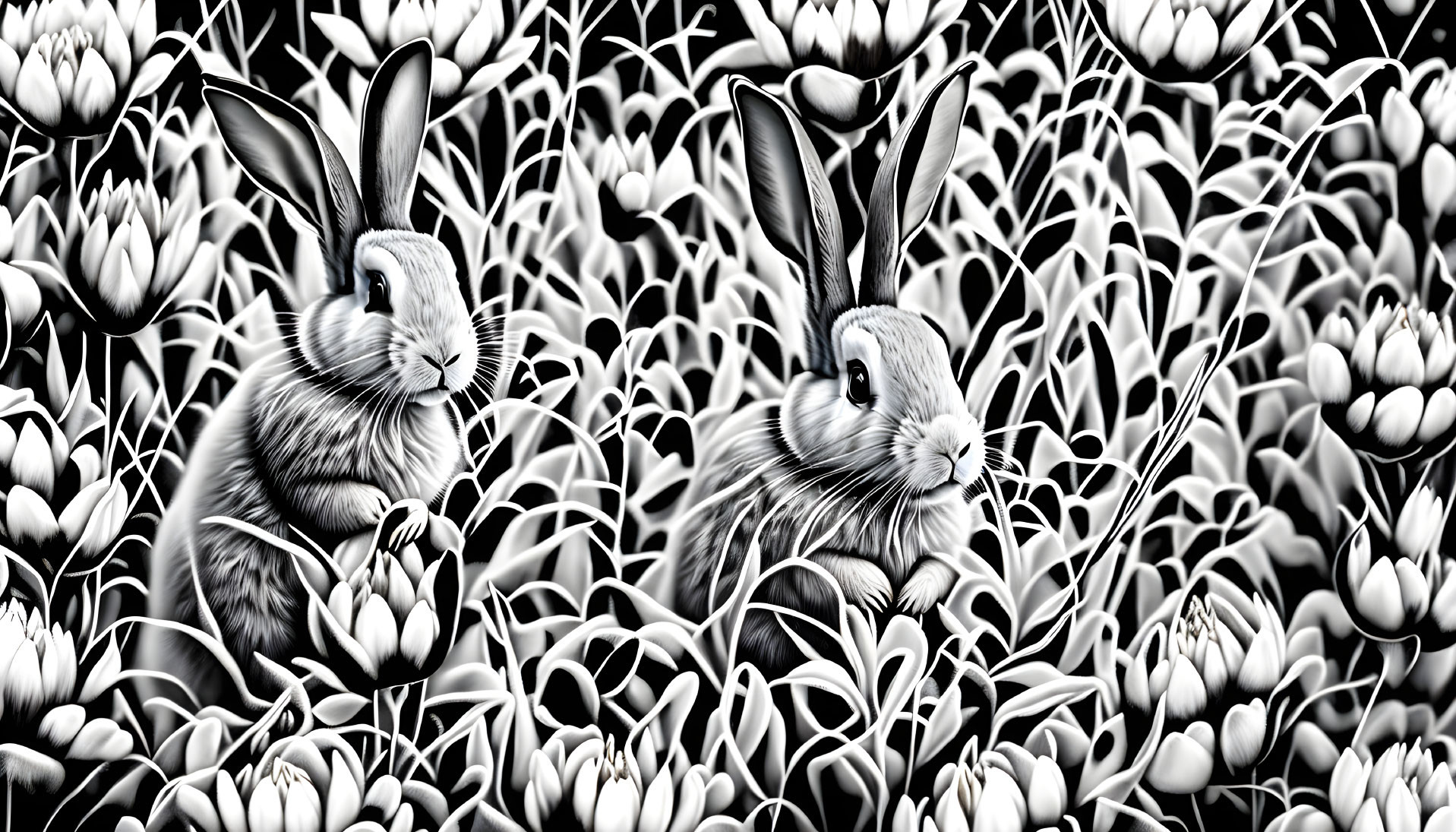 Rabbits in Monochromatic Floral Pattern