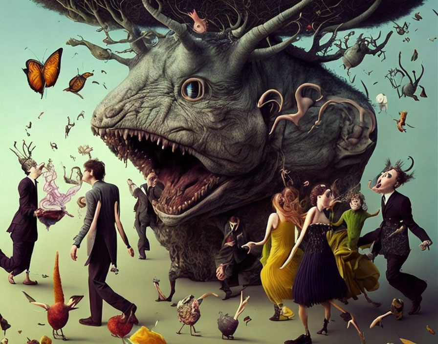 Surreal scene: People fleeing giant, horned creature amidst floating butterflies.