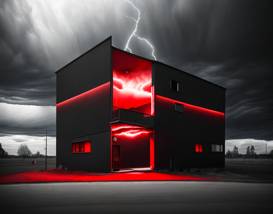 Modern black building with red glowing windows under stormy sky.