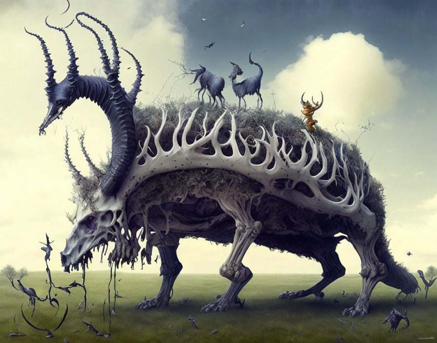 Surreal creature art with skeleton and ecosystem elements under cloudy sky