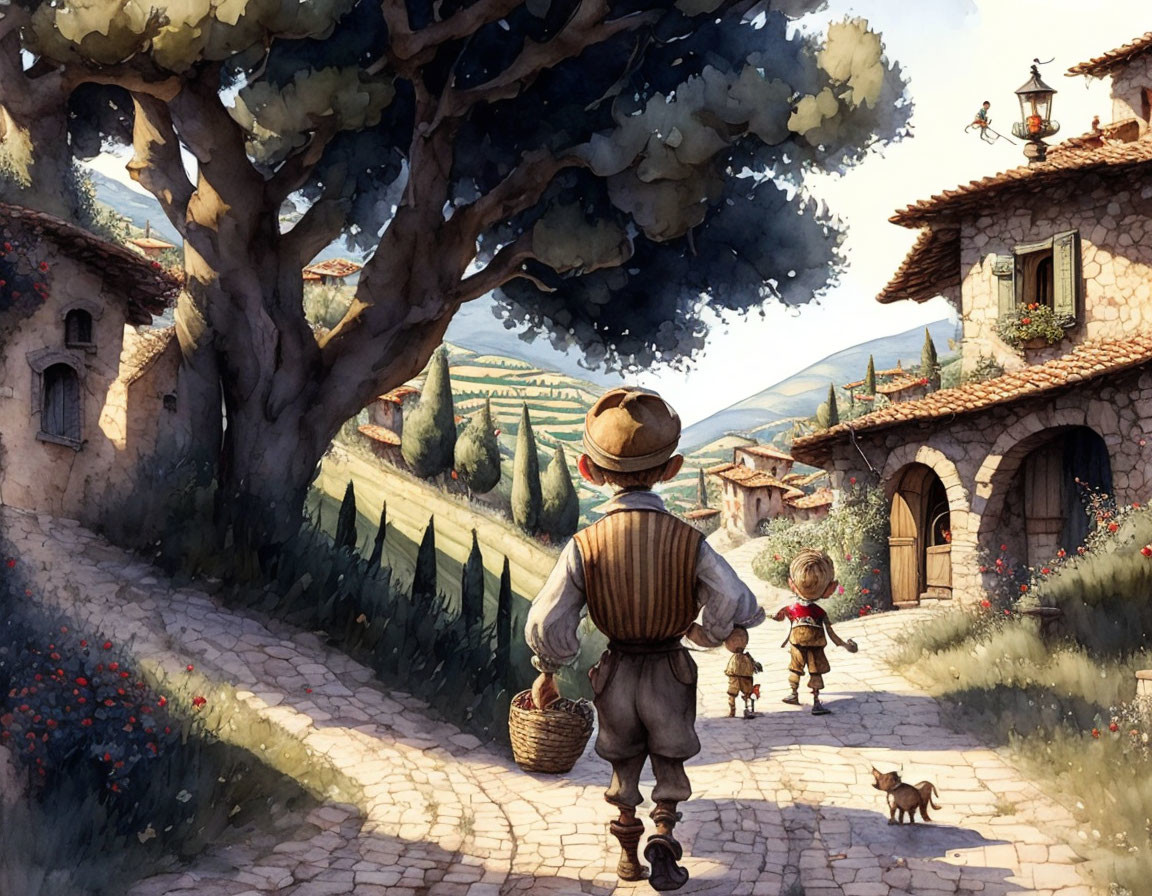 Rural landscape with boy, child, and dog on stone path