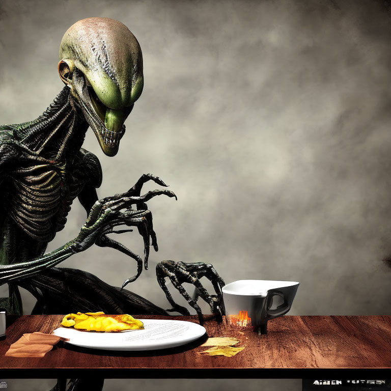 Slender alien at wooden table with tea, toast, and jam