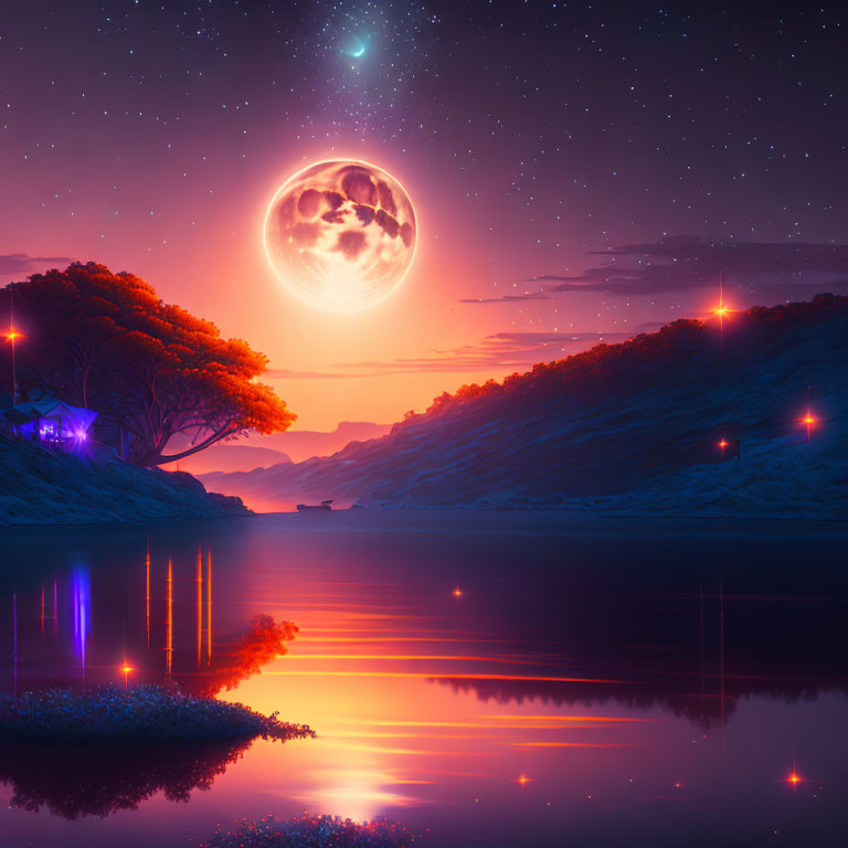 Surreal landscape: Purple and pink sky, full moon, serene lake.