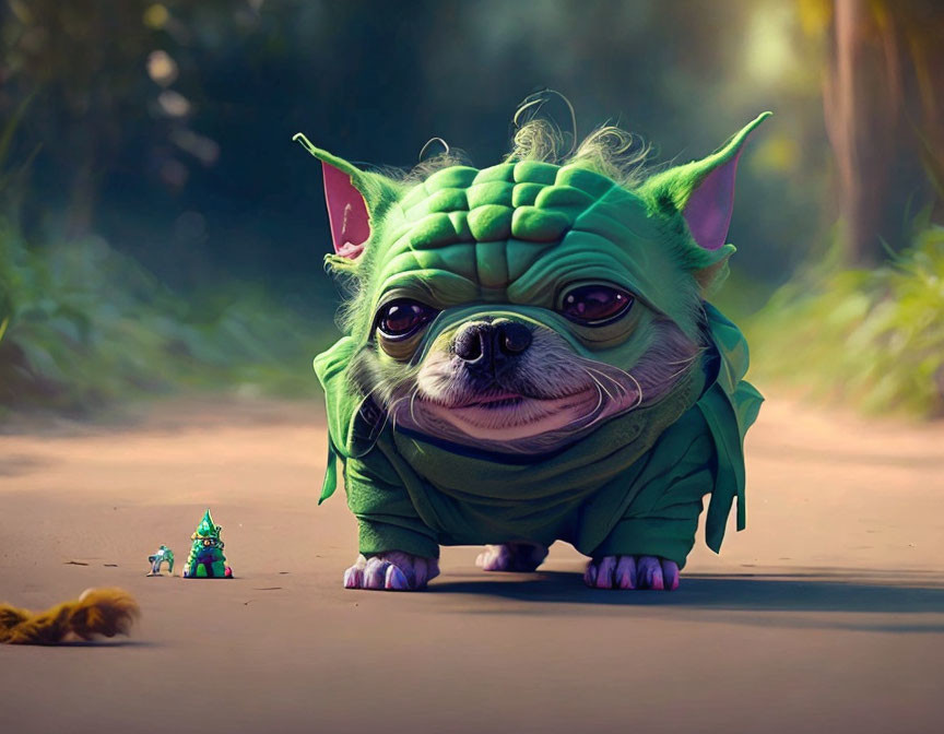 Whimsical digital illustration: Pug dog in green creature costume in forest