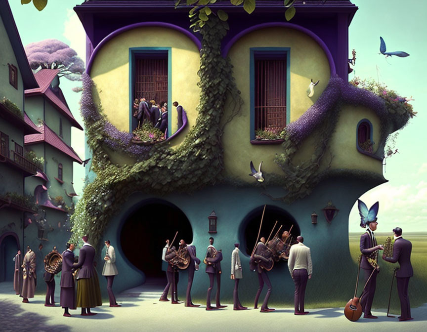 Whimsical musical gathering with anthropomorphic animals in courtyard