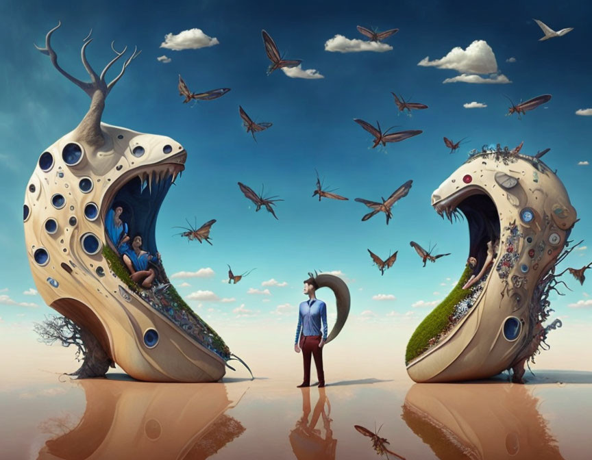 Surreal desert landscape with giant whimsical creature sculptures