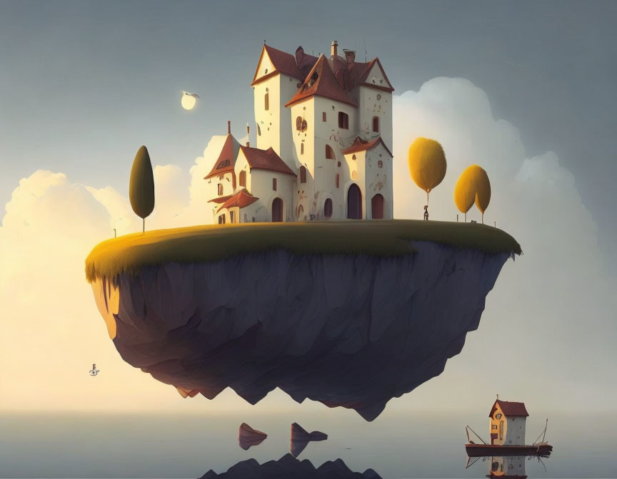 Floating Island with Castle, Golden Trees, and Airborne Boats in Dusky Sky