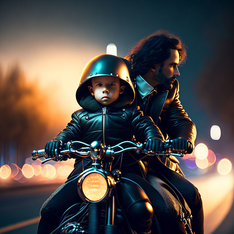 Man and child on motorcycle with helmets in city lights at night.