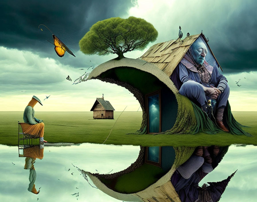 Surreal landscape with wavy grass, twisted house, man, butterfly, and mirrored fisherman