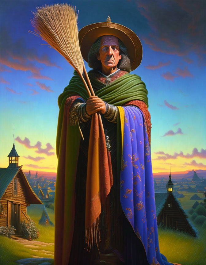 Colorful Cloaked Figure with Broom in Rural Landscape